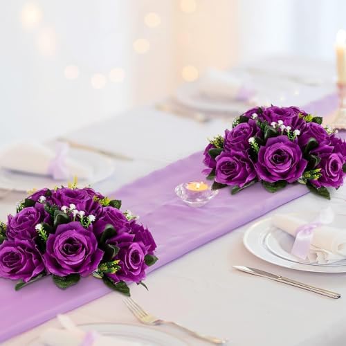 BLOSMON Flower Balls Wedding Rose Centerpieces: 2 Pcs Fake Flowers with Base White Kissing Balls Decor White Artificial Floral Arrangements Flower Bouquet of Roses Home Party Table DIY Decorations - Image 3