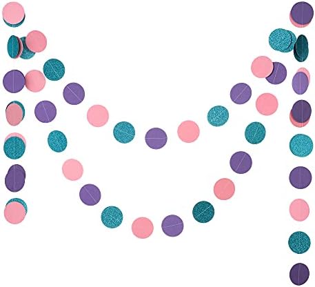 WEVEN Circle String Decorations Paper Garland Banner Streamer Party Decor 2.5" 20 ft (Pink, Purple, Teal Glitter) - Image 2
