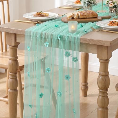 Artoid Mode Turquoise Flower Pearl Gauze Table Runner 10FT, Seasonal Sheer Dining Holiday Wedding Birthday Baby Shower Table Decor for Home Party - Image 3
