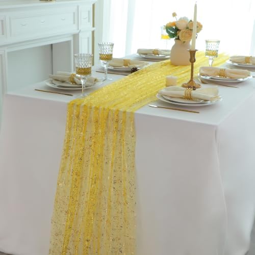 3Pcs Mustard Yellow Gold Table Runner Metallic Foil Sheer Gauze 10ft - Image 5