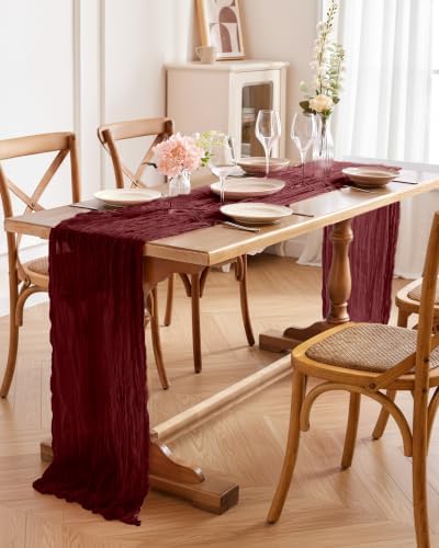 Pureegg 2 Pack Cheesecloth Table Runner 120 Inch Burgundy - Image 6