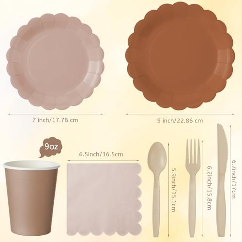Yaomiao 175 Pcs Boho Party Supplies Brown Paper Plates Cups Napkins Set - Image 2