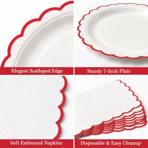 50 Pcs Red and White Paper Plates and Napkins, 7 Inch Disposable Scalloped Plates & Napkins Party Supplies Cake Dessert Plate Tableware for Baby Shower Bridal Shower Wedding Birthday - Image 4