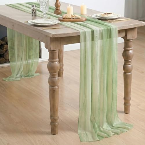 Artoid Mode Boho Green Stripes Spring Chiffon Table Runner 120 Inches 10FT,Seasonal Fabric Kitchen Dining Holiday Table Decor for Home Party - Image 4