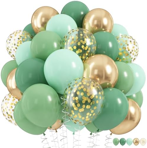 Sage Green Balloons Set, 60Pcs 12 Inch Olive Macaron Pastel Green Balloons with Metallic Confetti Gold Jungle Latex Balloon for Birthday Party Woodland Safari Baby Bridal Shower Decorations Supplies by HILAVO