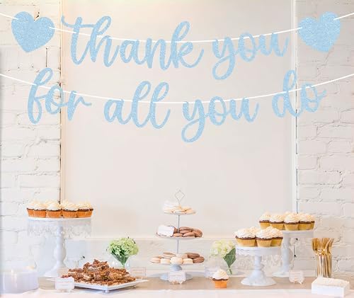Pre-strung Thank You for All You Do Banner - Light Blue Glitter Appreciation Party Decorations Supplies for Family elders Employee Coworker Staff Teacher, Photo Booth Prop - Image 2