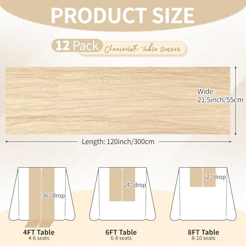 12 Pack Beige Cheesecloth Table Runner 10Ft, Gauze Table Runners 21.5 x 120 inch,Semi Sheer Cheese Cloth Fabric Runner Bulk for Wedding,Party,Baby Shower,Bridal Shower - Image 2