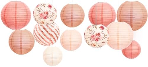 NICROLANDEE Wedding Party Decorations - 12PCS Rose Gold Vintage Floral Paper Lantern Hanging Decorations for Bridal Shower Anniversary Baby Shower Bachelorette Birthday, Valentines Day Party Decor by nicrolandee