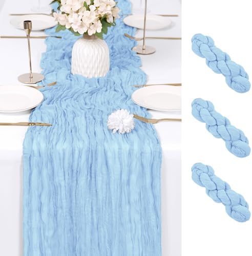 3 Pack Baby Blue Cheesecloth Table Runner 17x108 Inch Semi Sheer Boho Gauze Cheese Cloth Fabric Table Runners Table Decor for Wedding Party Baby Shower Birthday Home Decor Garden Farmhouse by Unknown