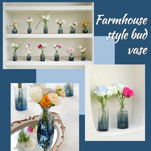 Bud Vases Set of 12, Gradient Blue Glass Vase Vintage Flower Vase for Decor Ribbed Small Bud Vases in Bulk Cute Wedding Birthday Party Centerpieces Table Decoration Home Decor - Image 6