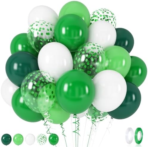 60 Pack Green Latex Balloons, 12 Inch Matte White Dark Emerald Green Light Lime Green Confetti Helium Balloons, Assorted Green White Balloons for Jungle Dinosaur Birthday Baby Shower Party Decorations by Lingqiang