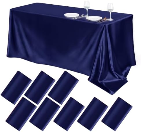 TURSTIN 8 Pack Navy Blue Satin Tablecloth 102 x 58'' Overlay Table Cover by TURSTIN