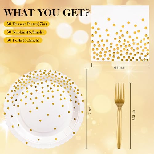 90 Pcs White and Gold Plates and Napkins Party Supplies, Scalloped Gold Polka Dots Tableware Set Include White Gold Dot Cake Dessert Plates, Napkin, Fork for Wedding, Retirement, Birthday, New Year - Image 2