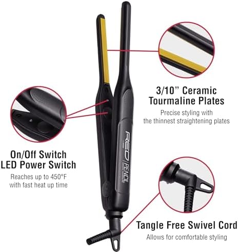 Red by Kiss 0.3 Inch Pencil Flat Iron, 3/10" Ceramic Tourmaline Hair Straightener for Thin, Short Hair & Edge Styling, Fast 60s Heat Up to 450°F, Frizz Control Root Styling Wand, Tangle-Free, Black - Image 2