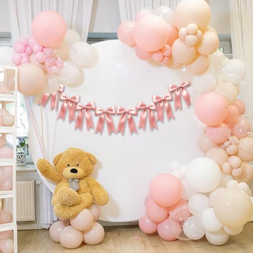 1 String of 8PCS Rose Pink Bow Garland Banner Decoration,Pre-Strung Satin Ribbon Ornaments for Birthday,Bachelorette Party,Bridal Shower,Wedding,Engagement,Baby Shower,Graduation Decor,Anniversary - Image 5