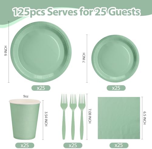 Sage Green Plates and Napkins Party Supplies, Include 9’’ Disposable Paper Plates, 7’’ Dessert Plate and Cups Napkins Forks Party Decorations for Baby Shower, Birthday, Wedding, Serves for 25 - Image 2