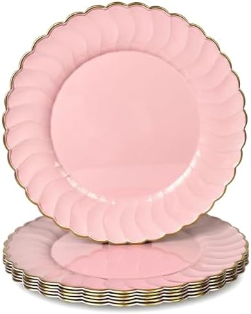 13 Inch Pink Scalloped Charger Plates with Gold Rim (Set of 6), Round Wave Plastic Serving Plates for Weddings, Bridal Showers, Birthday Parties, Catering & Table Decorations by Umisriro