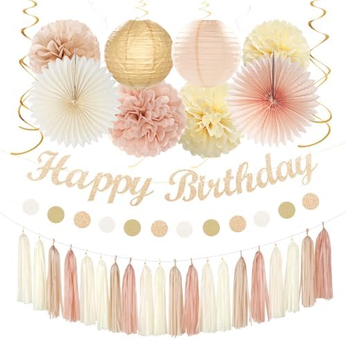 Champagne-Gold Beige 21st Happy-Birthday Party-Decorations - 31pcs Sweet 16 18th Women Girls Paper Lanterns Streamers Banner,Tissue Pom Poms Fans Tassels Graland Decor,Fall Boho Rose Backdrop Hugmoon by PartyDecorations