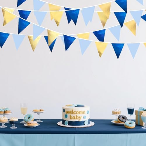 Gold Blue Party Decoration Gradient Blue and Gold Triangle Pennant Banner Flag Metallic Fabric Bunting Garland for Nautical Ahoy Achor Birthday Graduation Retirement Wedding Baby Shower Party Supplies - Image 5