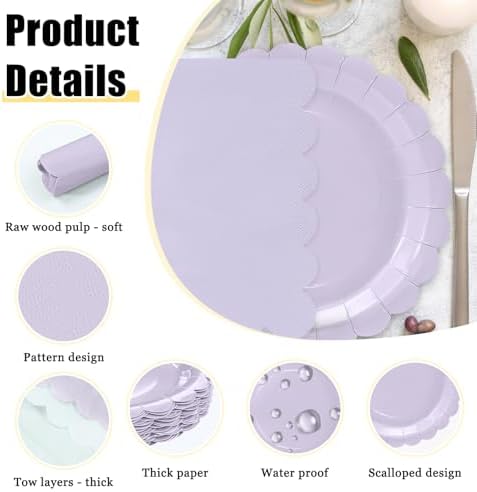 HEIPINIUYE 50 Pcs Light Purple Paper Plates and Napkins Party Supplies Include 7'' Lavender Scalloped Plates and 6.5'' Paper Napkins Disposable Tableware Set for Wedding Birthday Party (Serves 25) - Image 4