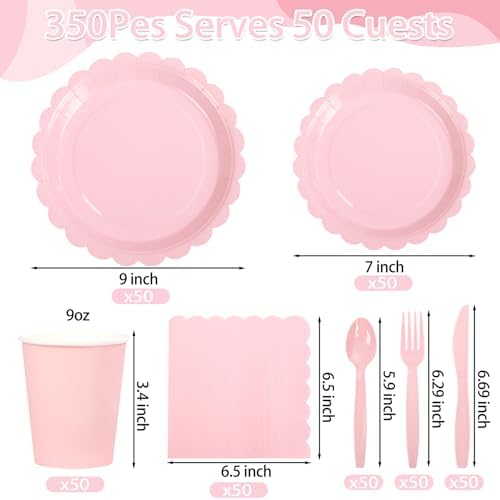 LIYH 350 Pcs Pink Paper Plates and Napkins - 50 Guest Light Pink Party Supplies Include Scalloped Plates Cups Plastic Spoons Forks Knives for Baby Shower Birthday Party - Image 2