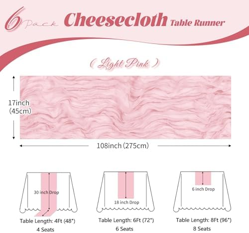 6 Pack Light Pink Cheesecloth Table Runner, 17 x 108 inch, Semi Sheer Boho Cheese Cloth Fabric Table Runner Bulk for Wedding, Birthday, Party, Holiday, Home Decor (Light Pink) - Image 3