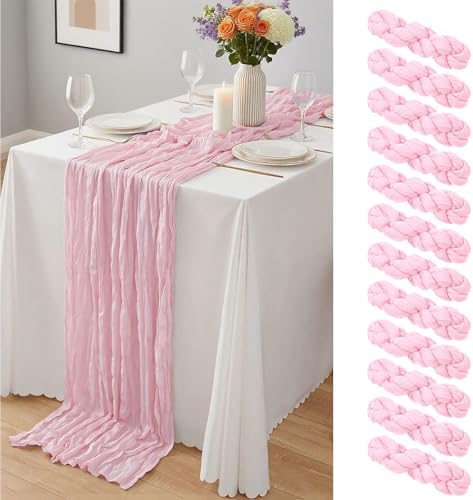 12 Pack Light Pink Cheesecloth Table Runner 10Ft, Gauze Table Runners 21.5 x 120 inch,Semi Sheer Cheese Cloth Fabric Runner Bulk for Wedding,Party,Baby Shower,Bridal Shower by Yemosa