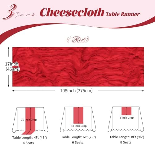 3 Pack Red Cheesecloth Table Runner, 17 x 108 inch, Semi Sheer Boho Cheese Cloth Fabric Table Runner Bulk for Wedding, Birthday, Party, Holiday, Home Decor (Red) - Image 3