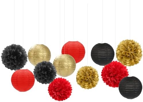 Red-Black Gold Party-Decorations Paper Flowers Lanterns - 15PCS Casino Theme Halloween Tissue Pom Poms Streamers,Game Night Women Men Birthday Wedding Bachelorette Hanging Supplies Decor Hugfond - Image 7