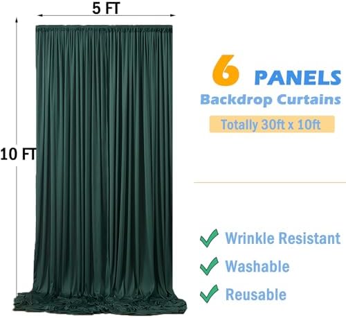 30ftx10ft Wrinkle Free Hunter Green Backdrop Curtains for Party Background, 6 Panles Silky Green Photo Backdrop Drapes Back Drop Cloth for Wedding Birthday Photography Baby Shower Decor - Image 5