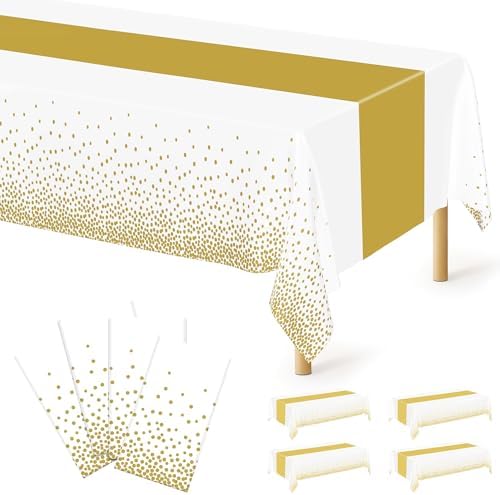 4Pack Disposable Plastic Table Cloths for Parties, 54" x 108" White and Gold Rectangle Table Covers, Waterproof Tablecloth for Rectangle Tables Suitable for New Years Eve Thanksgiving Wedding Supplies by QZYL