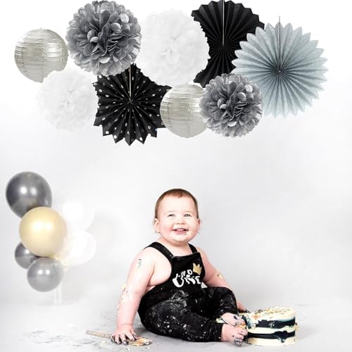 Black White Silver Party Decorations - 20pcs New Year Men Birthday Paper Lanterns Fans,Tissue Pom Poms,Honeycomb Balls,Bunting,Wedding Bachelorette Bridal Graduation Baby Decor Burgleda - Image 7