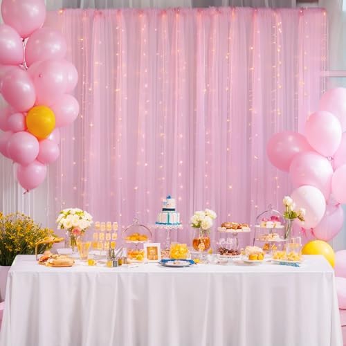 10x10ft Baby Pink Tulle Backdrop Curtain with Lights String for Parites, Sheer Photo Backdrop Curtains with Lights for Wedding Backdrop Ceremony Reception Bridal Shower Baby Shower Birthday Party - Image 6