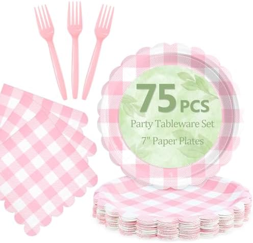 Mulbozy 75 Cute Pink Gingham Paper Plates and Napkins for Party, 25-7" by Mulbozy