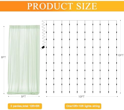 Fomcet Tulle Backdrop Curtains with Lights Sage Green 10x8ft Sheer Curtain - Image 2