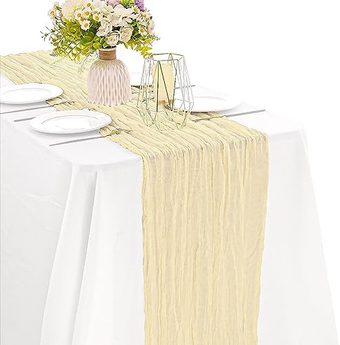 Beige 10FT Cheesecloth Table Runner Boho Gauze Fabric Table Runner Rustic Sheer Runner for Wedding Bridal Baby Shower Birthday Party Boho Table Decor（1 Pack Beige） by JALANCY