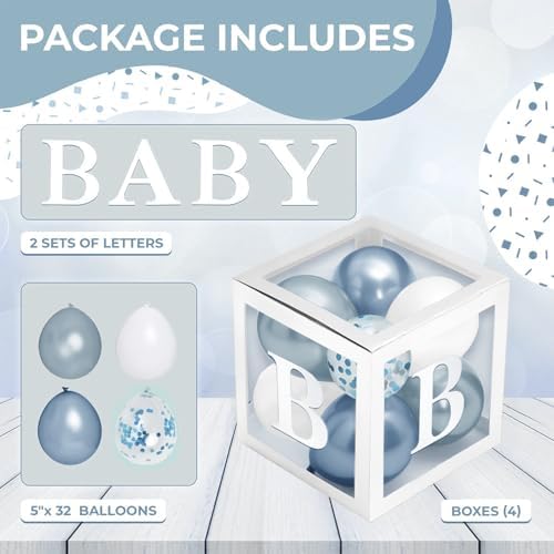 44-Pc Baby Shower Boxes & Balloons, Gender Reveal - Dusty Blue & White - Image 2