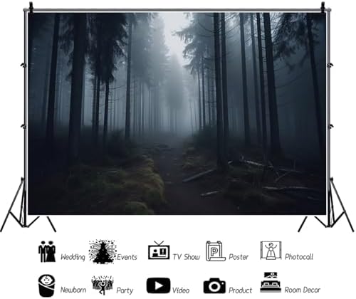 Dark Misty Forest Backdrop for Horror Halloween Eve Party Black Spooky Foggy Woods Pathway Scary Movie Pine Tree Background Nature Photography Studio Photo Booth Props 20x10ft - Image 6