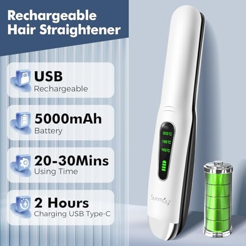 SUNMAY Cordless Hair Straightener, Portable Mini Flat Iron Hair Straightener for Travel, 20s Fast Heating, 5000mAh USB-C Rechargeable, Dual Voltage Hair Straighteners and Curlers 2 in 1 for Women - Image 6