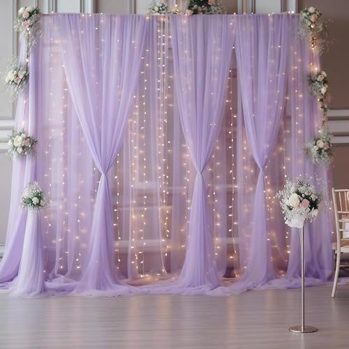30×10ft Purple Tulle Backdrop Curtain with Lights String for Parties, Sheer Photo Backdrop Curtains for Wedding Party Photography Background by WishCare
