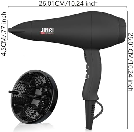 JINRI Hair Dryer, 1875W, 3 Heat & 2 Speed, with Diffuser, with Concentrator, Ionic Technology & Infrared - Black, Detachable Air Intake, Hanging Strap, Non-Foldable, 125V, JINRI-104 - Image 5