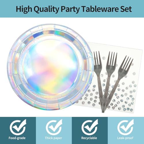 72Pcs Iridescent Silver Plates and Napkins Party Supplies, Holographic Disposable Paper Plates Napkins with Forks Tableware Set for Mermaid Birthday Wedding Iridescent Party Decorations - Image 3