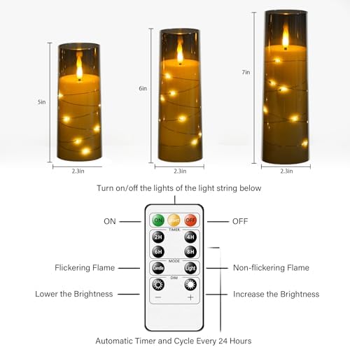 Nimiko Flickering Flameless LED Candles, 9 Pcs with Embedded Star String, Acrylic LED Pillar Candles with Remote, Suitable for Home Decoration (Grey) - Image 5