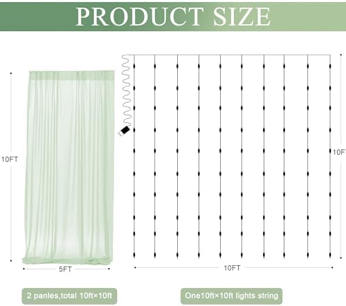 Tulle Backdrop Curtain with Lights 10x10FT Sage Green Sheer Curtains - Image 2