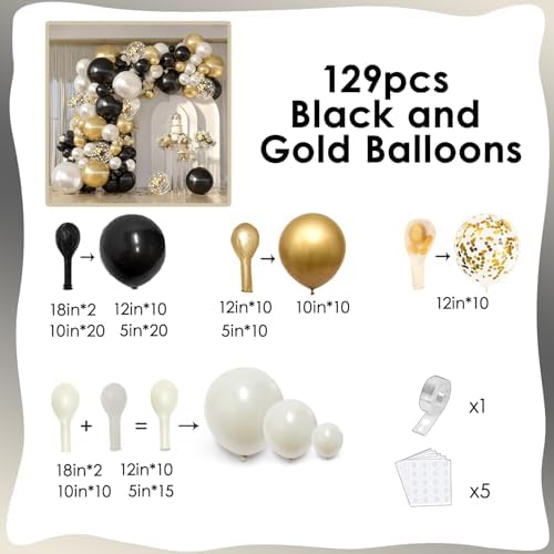 Double Stuffed Black Gold White Confetti Balloon Arch Kit 129 Pcs - Image 6