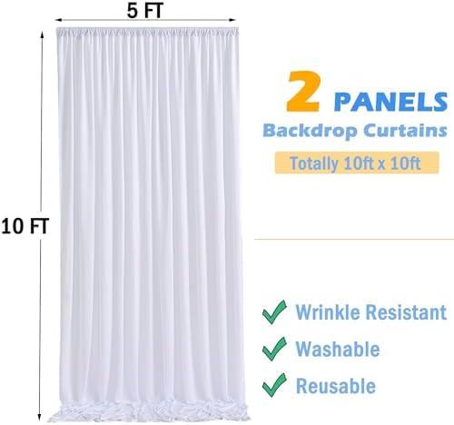 10x10ft Wrinkle Free White Backdrop Curtains for Party Background, 2 Panels 5x10ft Silky Polyester Photo Backdrop Drapes Back Drop Cloth for Wedding Birthday Photography Baby Shower Decor - Image 6