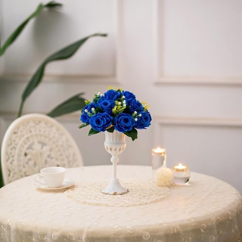 BLOSMON Royal Blue Artificial Flowers: 6 Pcs Fake Roses Flower Ball Centerpieces for Wedding Dinning Table - Faux Silk Kissing Bouquet with Base Floral Arrangement for Home Party Event Decor - Image 6