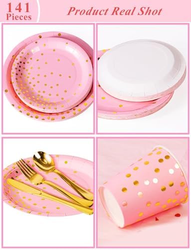 Nkaiso 141Pcs Pink Gold Paper Plates and Napkins Party Supplies-20 Guests - Image 2
