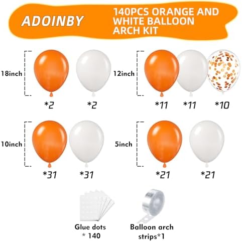 Orange and White Balloon Arch Kit, ADOINBY 140Pcs White and Orange Balloons Confetti Balloon 18 12 10 5 Inch Different Size Balloons for Baby Shower Halloween Birthday Anniversary Party Decoration - Image 2