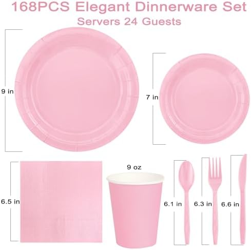 WNINK 168PCS Light Pink Paper Plates and Napkins, Pink Disposable Plates Set for Baby Shower Gender Reveal Girl Birthday Party Supplies Serve 24 Guests - Image 5
